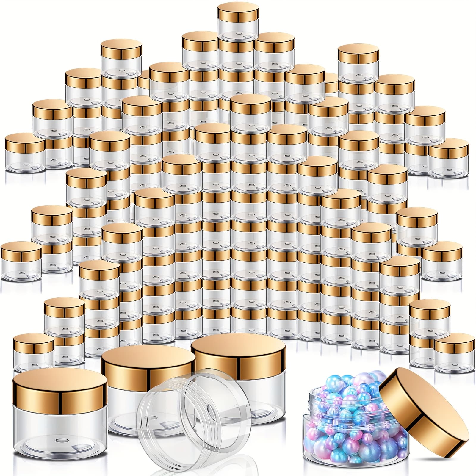 TEMU 100pcs Plastic Jars With Lids Small Containers Lids Wide Mouth Small Plastic Containers For Lotion Cream Rhinestones Body Travel Storage(2oz, Clear With Golden Lid)