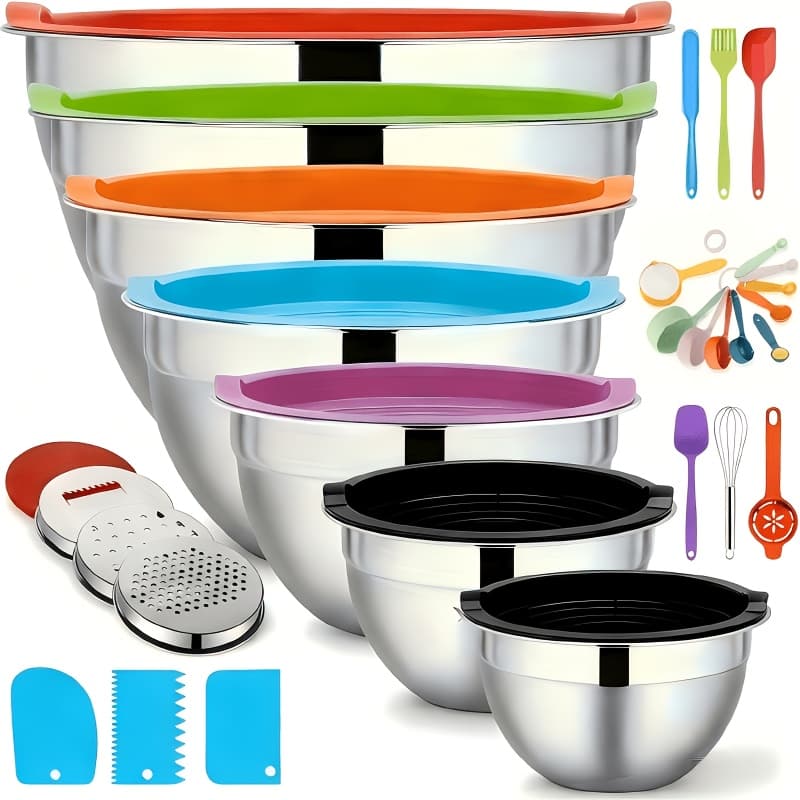 TEMU 1set Stainless Steel Nesting Mixing Bowls Set With Airtight Lids - Non-slip, Colorful, Durable, And Easy To Store - Perfect For Mixing, Serving, And Storing Food