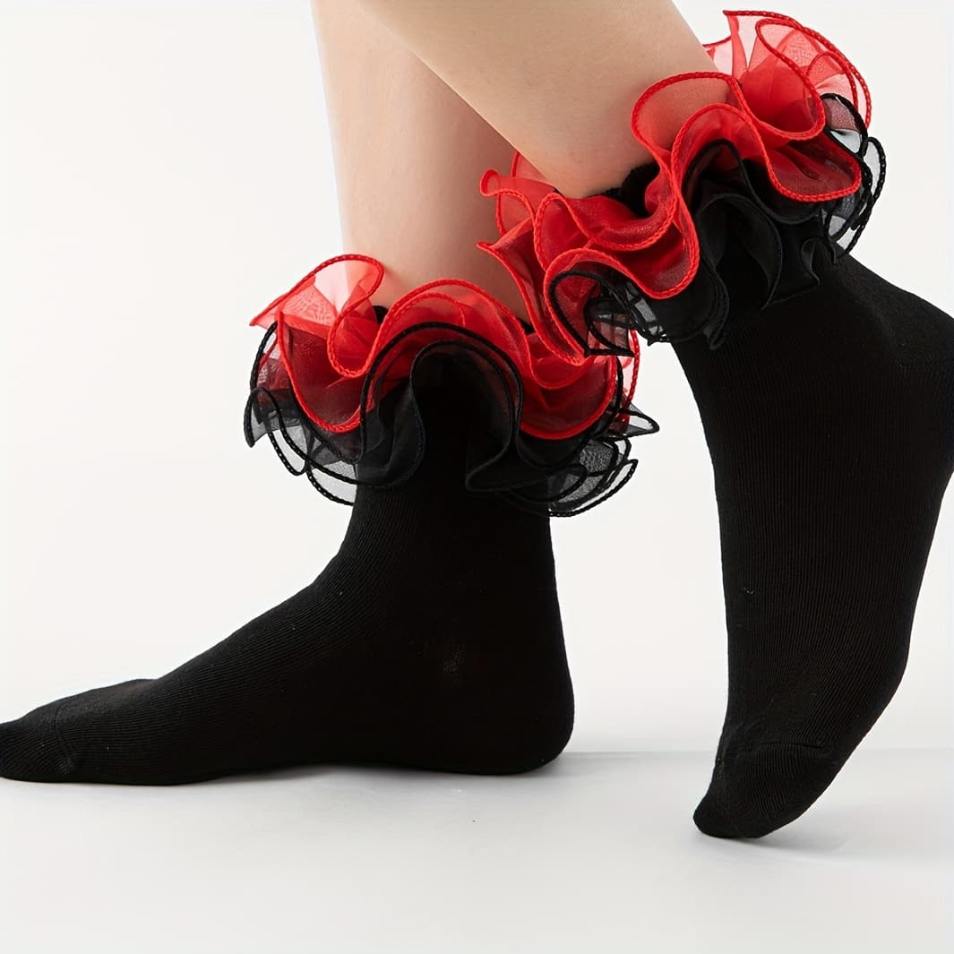 TEMU 1 Pair Women's Mid-calf Socks With Large Scalloped Lace, Suitable For Dance, Parties, And Daily Wear