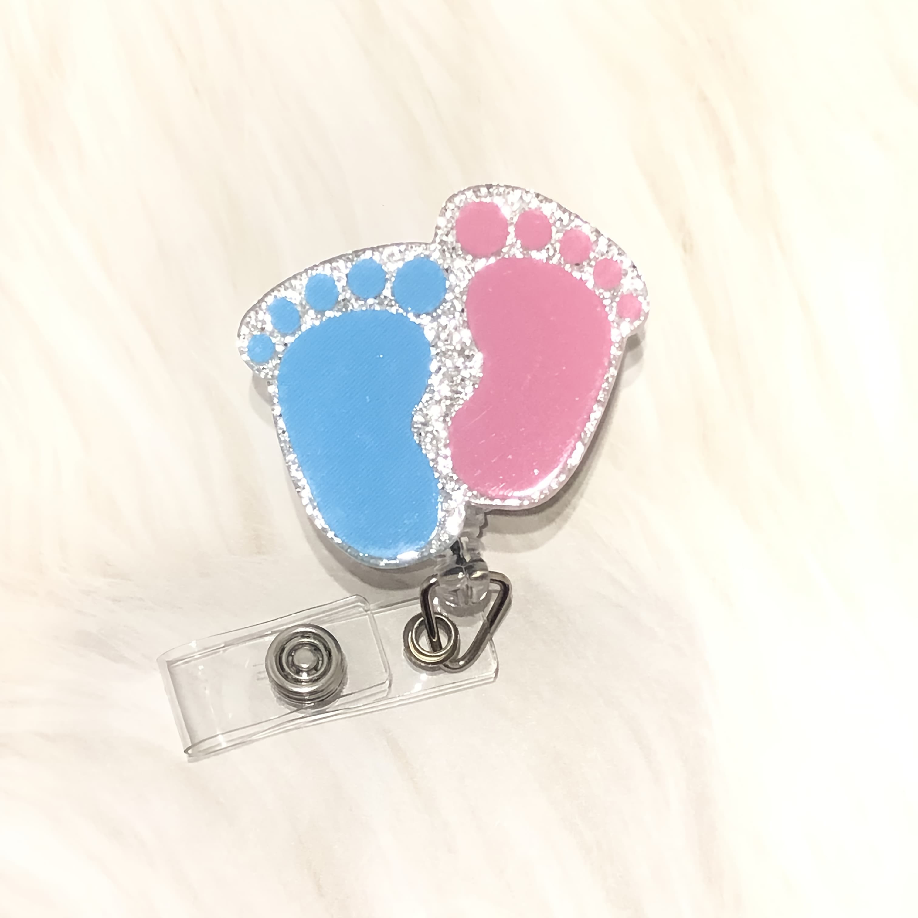 TEMU 1pc Acrylic Retractable Badge Reel With Clip - Glitter Footprint Badge Holder For Nurses, Doctors,