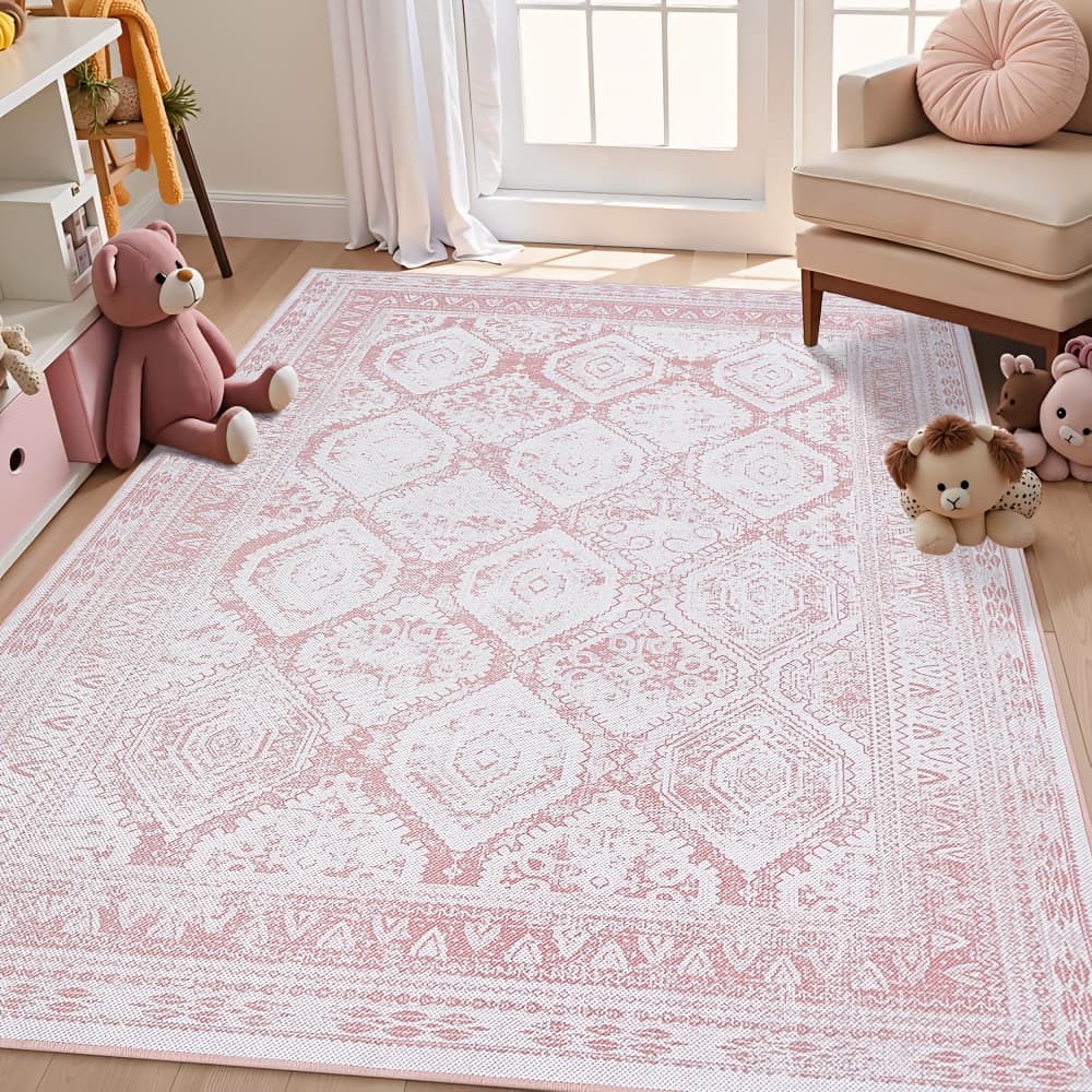 TEMU Machine Washable Non-slip Vintage Retro Area Rug - Low Pile Lightweight Mat For Living Room, Bedroom, Dining Room, Indoor Home Office, Dormitory - Carpet Room Decor, Rugs Decorations Gifts, Pink