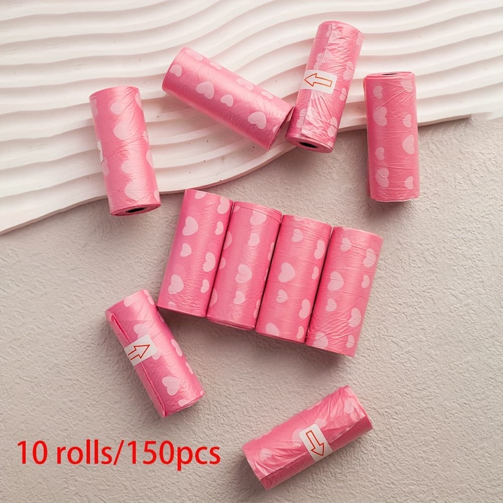TEMU 10 Rolls/150pcs, 20 Rolls/300pcs Heart Pattern Trash Bags, Portable And Easy To Clean, 15 Bags/roll, Thick, Durable, Odor-proof, Suitable For Outdoor Dog Walking And Travel, Pet Bags