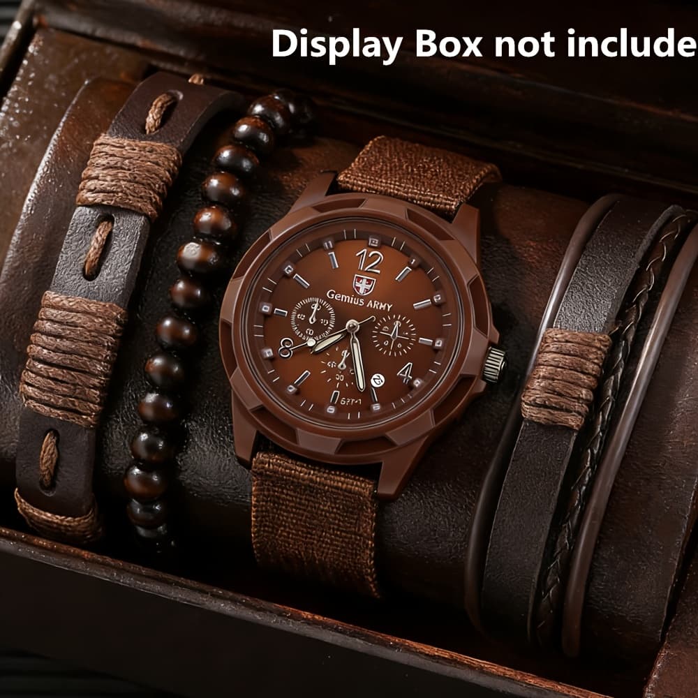 TEMU 4pcs/set, Men's Watch And Bracelet Combination, Casual Cool Men's Fashion Nylon Strap Watch And Bracelet, Trendy Quartz Wristwatch And Bracelets Accessories