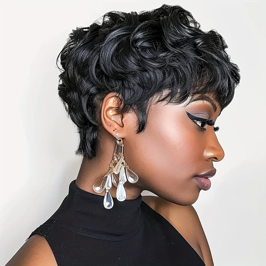 TEMU Natural Black Short Cut Wigs For Curly Hair Wigs Replacement Short Black Layered Wigs With Bangs Wigs For (natural Black)
