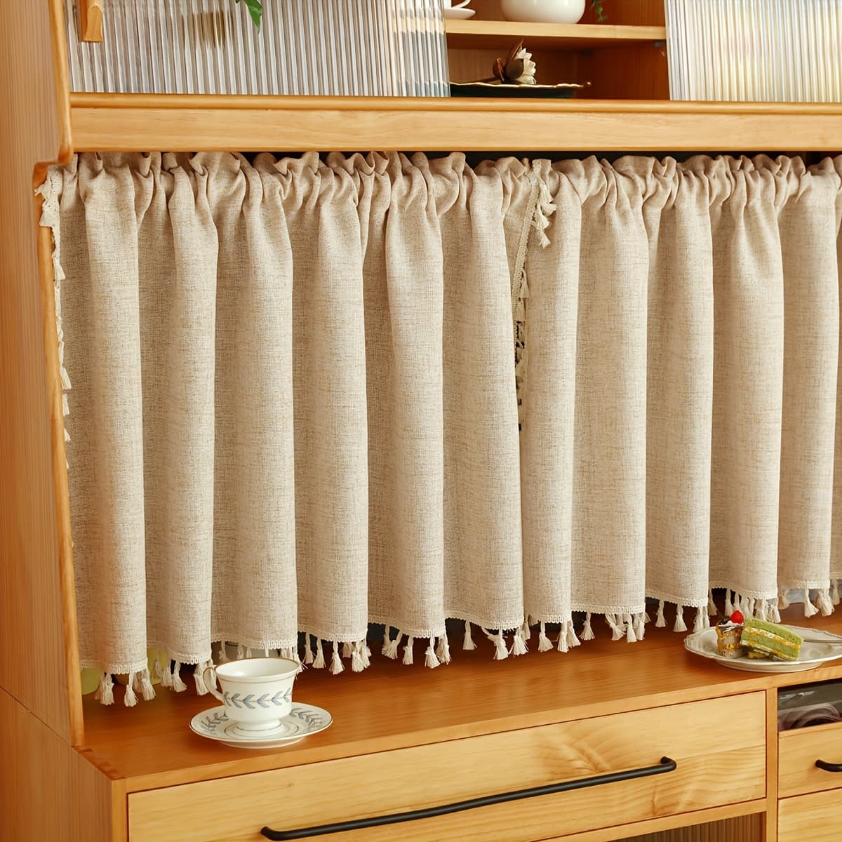 TEMU 1pc, Beige -like Fabric Small Curtain With Japanese Country Style Tassel Lace Trim For Kitchen Partition, Suitable For Window Cabinet And Door Decoration (cord Not Included)