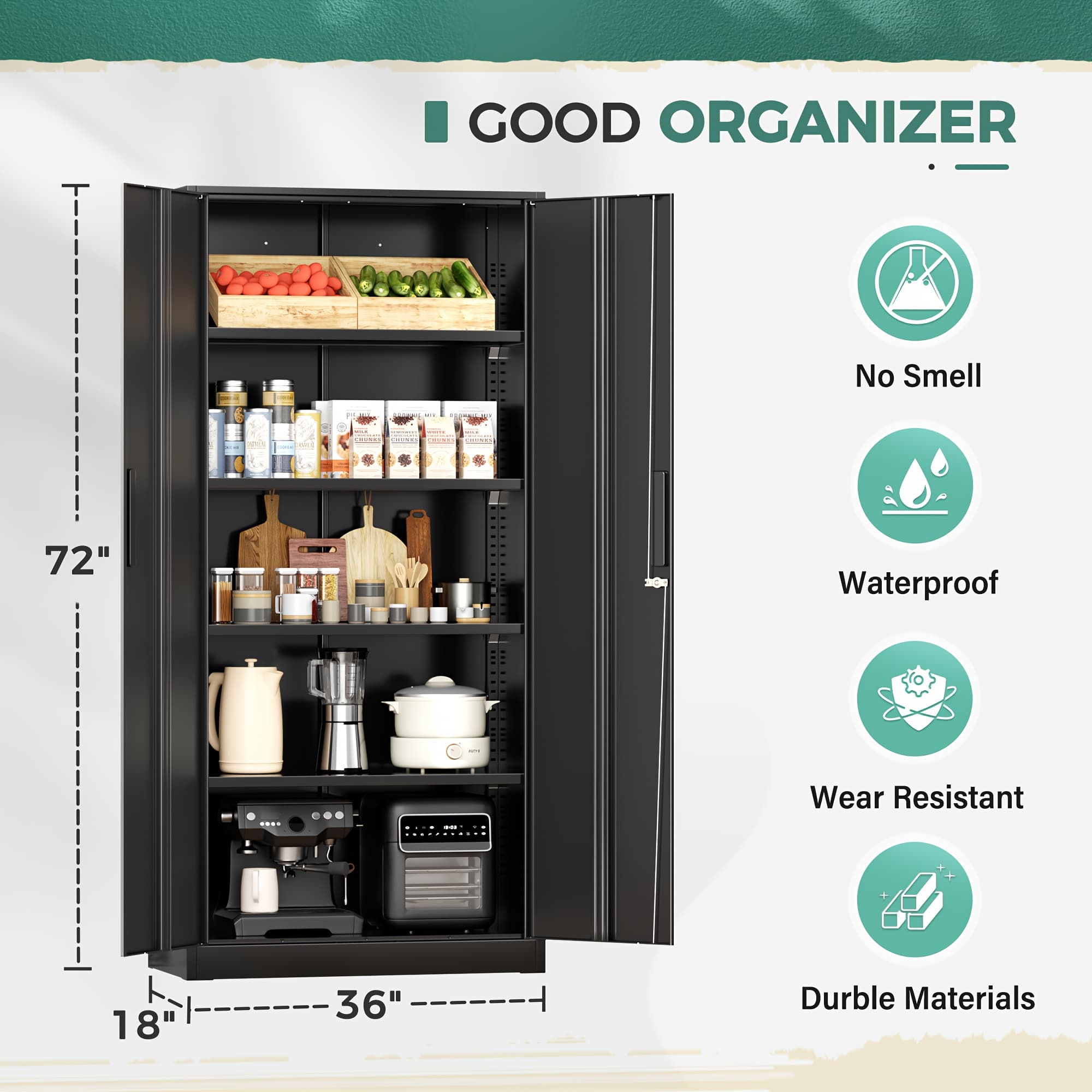 TEMU Storage Cabinet, 72 "black Large And Small Metal Storage Cabinet, Steel Lock Cabinet With Door And 4 Adjustable Shelves, Home Office Tool Unit, Garage And High Lockable Filing Cabinet, Green.