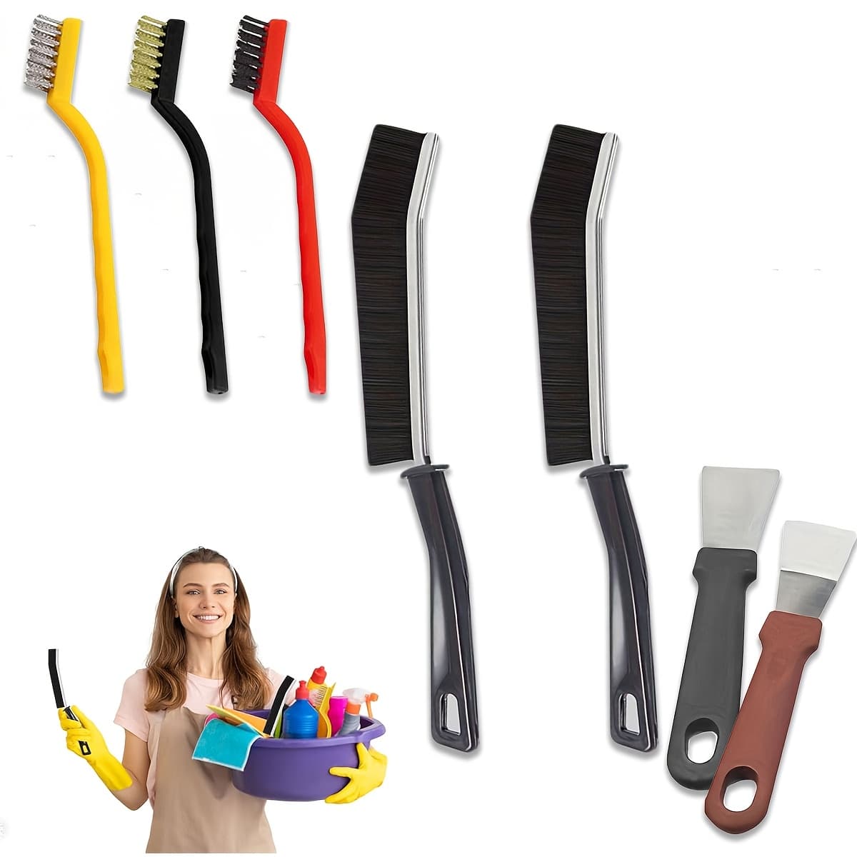 TEMU 7pcs Cleaning Brush Set, Hard Bristle Cleaning Tools, Suitable For Kitchen, Bathroom, Corners, Grout, Sink, Cups, Teapots, Bottles, Blenders