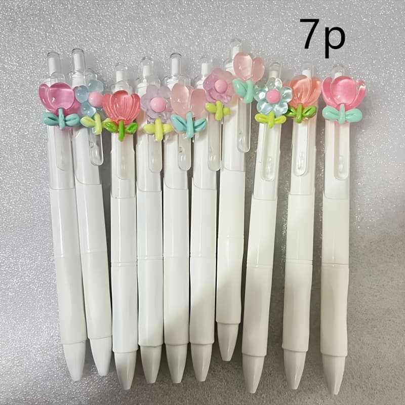 TEMU 7pcs Set Of Floral Pattern Retractable Gel Pens, Quick-drying Black Ink, Fine 0.5mm Tip - Smooth Writing For Journaling And Drawing, Colors