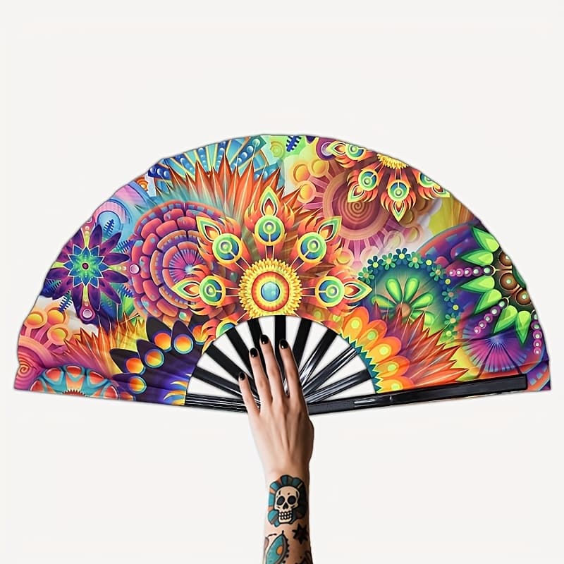 TEMU Large -the-dark Psychedelic Folding Fan With Uv-activated Luminous Mandala Print - Uv Responsive Party Accessory For Raves, Concerts, Glowstick-compatible Events - Portable Dance Fan For & (no /
