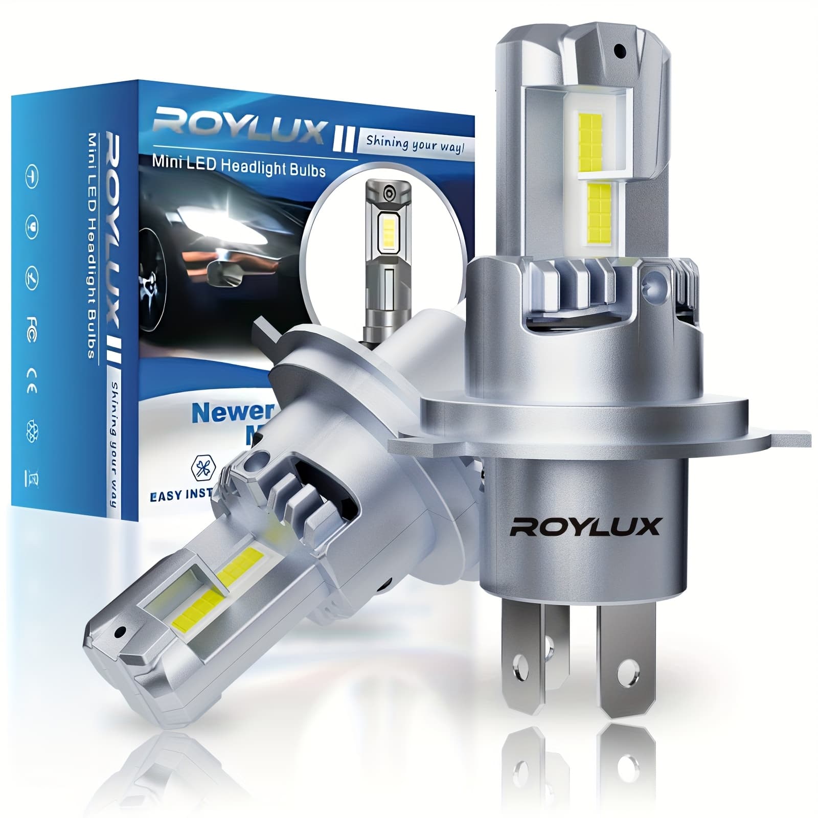 TEMU 2pcs New Roylux H4 9003 Auto Led Beam Headlamps 6500k White Non-polarized Mini Hb2 Headlamp Driving Lights For 12v