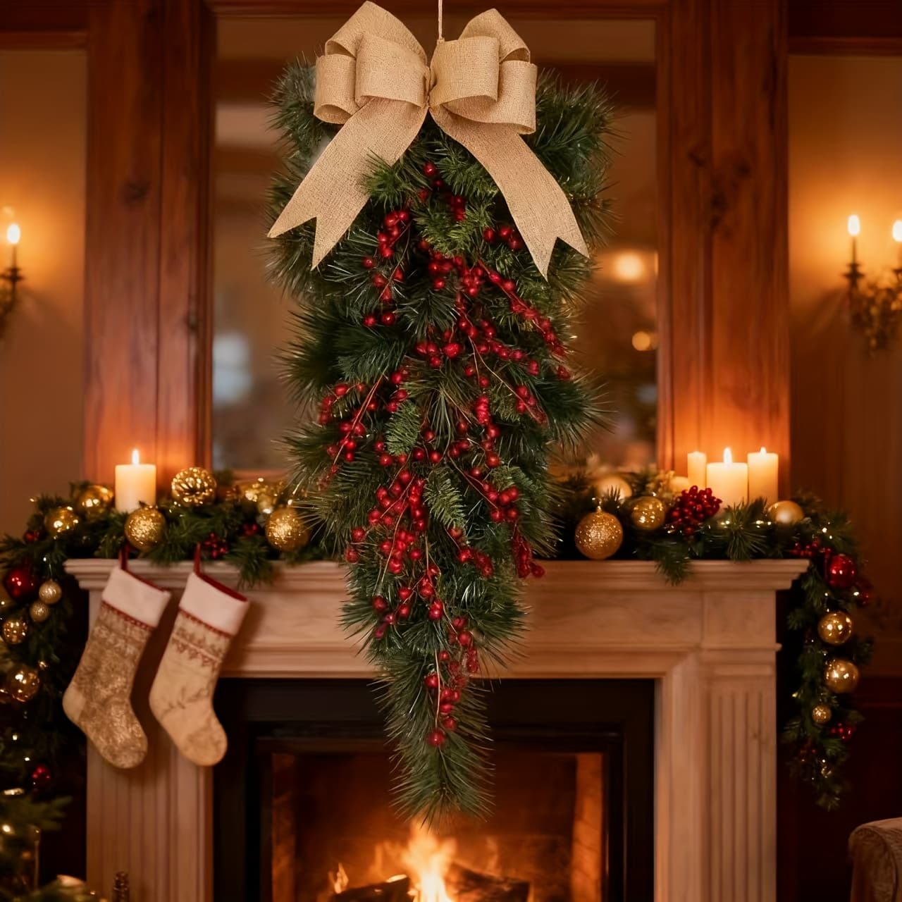 TEMU Christmas Wreaths For Front Door, Christmas Teardrop Winter Wreath With Pine And Bow, Suitable For Walls, Doors, Stairs And Windows, Christmas Indoor Garland