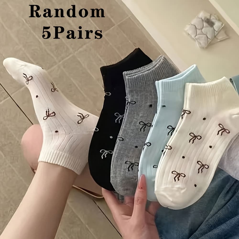 TEMU Random 4/5/8 Pairs Spring And Summer Polka Dot Bow Socks Sweet And Breathable Soft Casual And Versatile