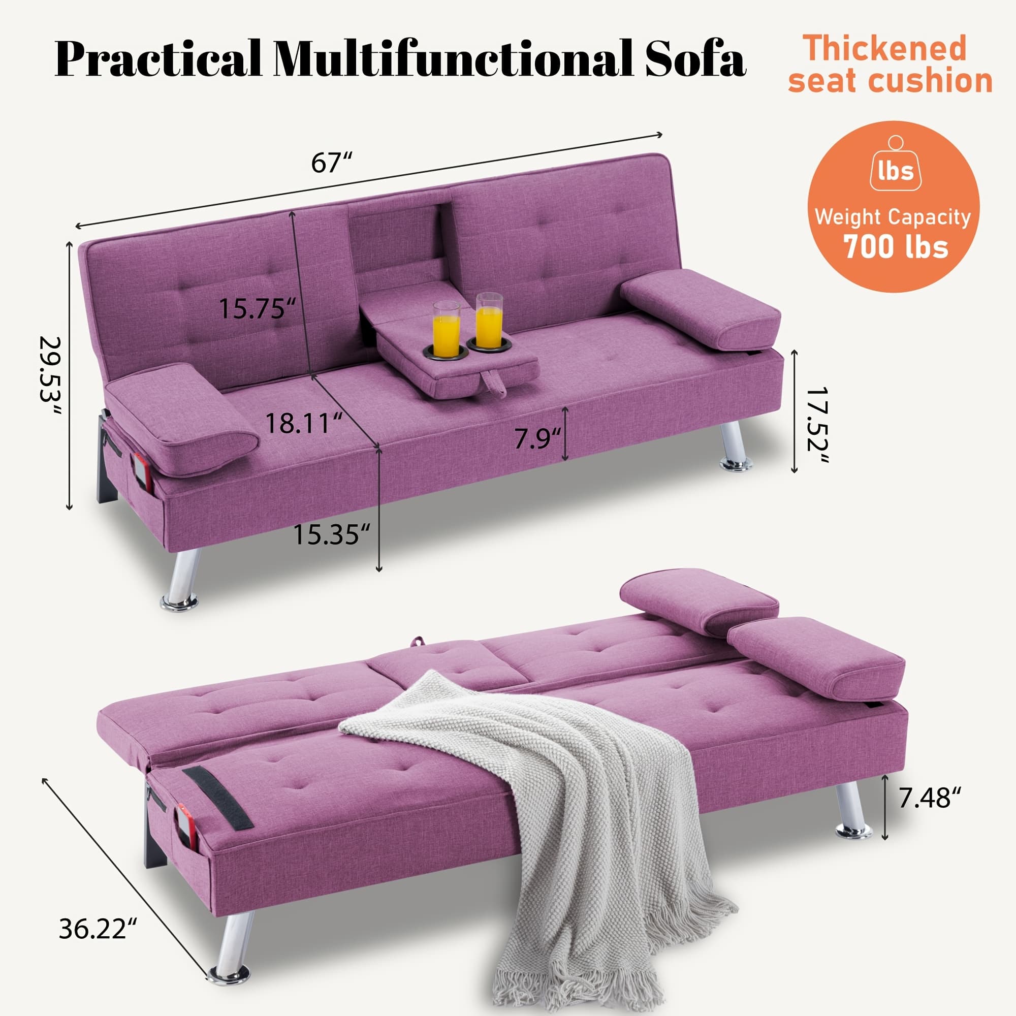 TEMU Convertible Sofa Bed: 2 Cup Holders, Multiple Colors From, Wooden Frame With 3 Levels Tilting Backwards, With Side Pockets, Father's Day Gift