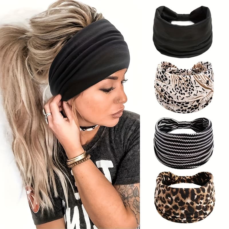 TEMU 4pcs Set Women's Knotted Wide Headbands, Solid Color/leopard Print Bandanas, Bohemian Style Hairbands, Non-slip/sweat-absorbent/stretchy, Fashionable Headwear For Yoga And Running, Elegant And