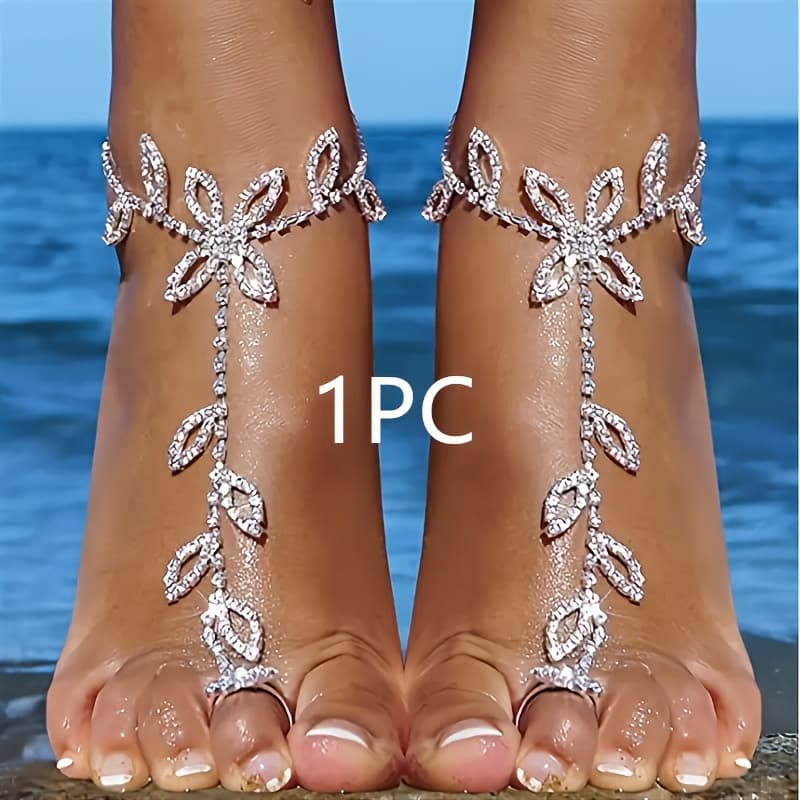 TEMU 1pc Gorgeous Leaf Shaped Toe Chain, Sparkling Bride Ankle Chain Bracelet For Women's Beach Barefoot Accessories