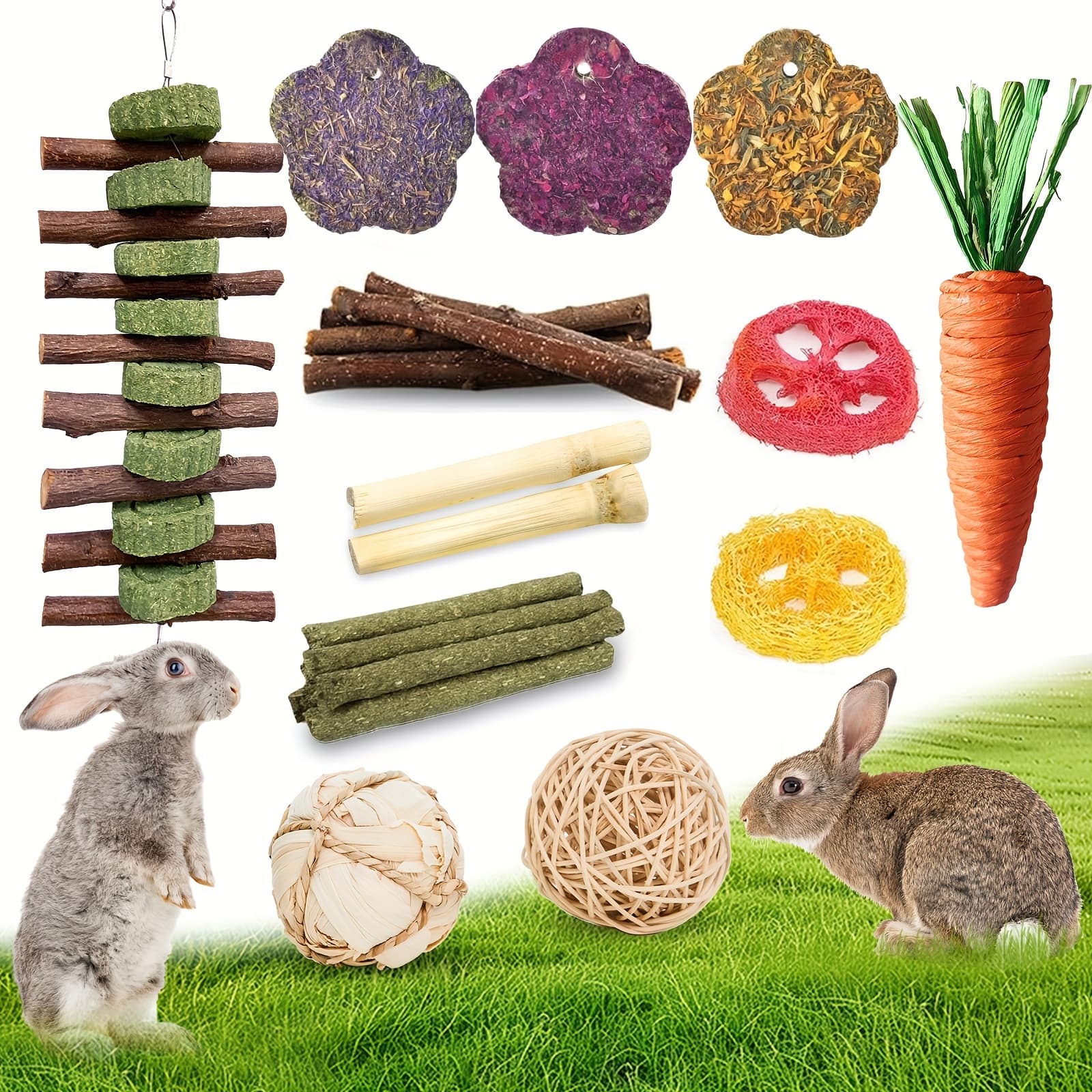 TEMU 21pcs Natural Hay Dental Treats Suitable For Rabbit, Guinea Pig, Hamster - Hay Sticks, Cakes, Carrot Strawberry Treats & Teeth Care For Bunny, Snacks
