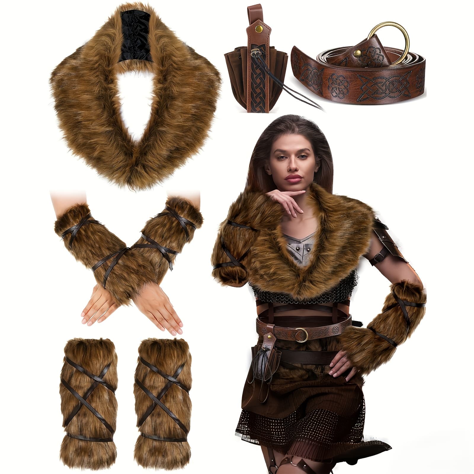 TEMU Viking-inspired Costume Set - 11pcs With , Belt, Medieval Pouch, Leg & Hand Warmers For Halloween Party, For Halloween Costumes