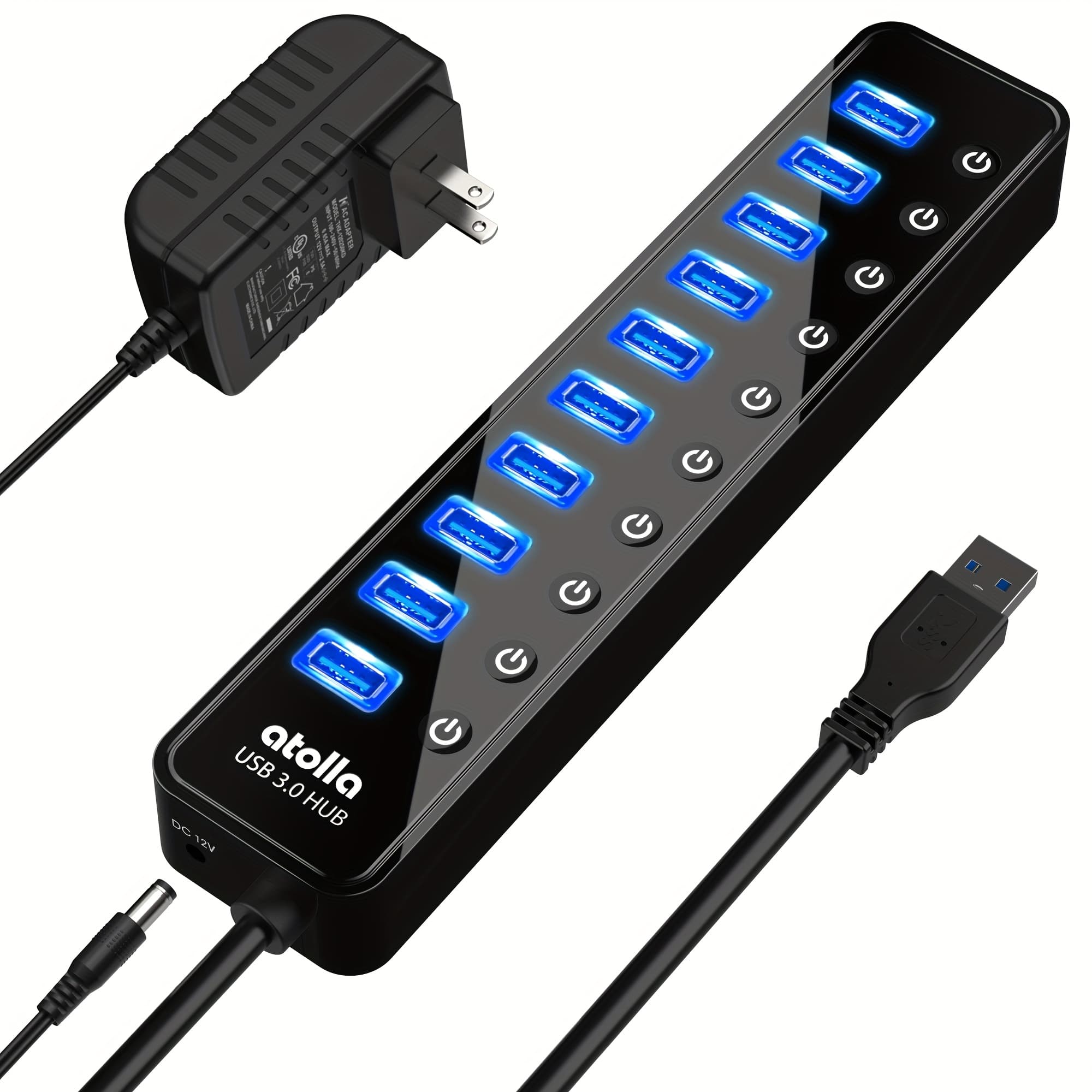 TEMU Usb 3.0 , 10-port Usb Data Splitter With Separate Switch And Power Adapter Usb Extender For Mouse, Keyboard, Hard Drive Or More Usb Devices