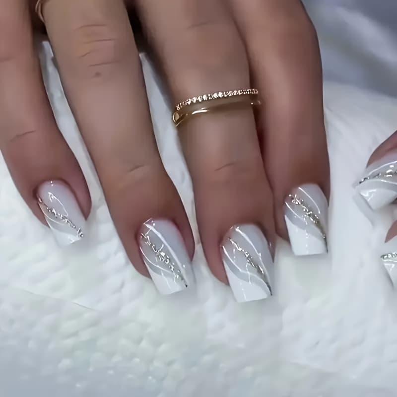 TEMU 48pcs Medium Square Elegant White Striped Glitter Press-on Nails Glossy Finish Sparkling Accents Perfect For Weddings And Formal Events Nail Polish, Nail Art