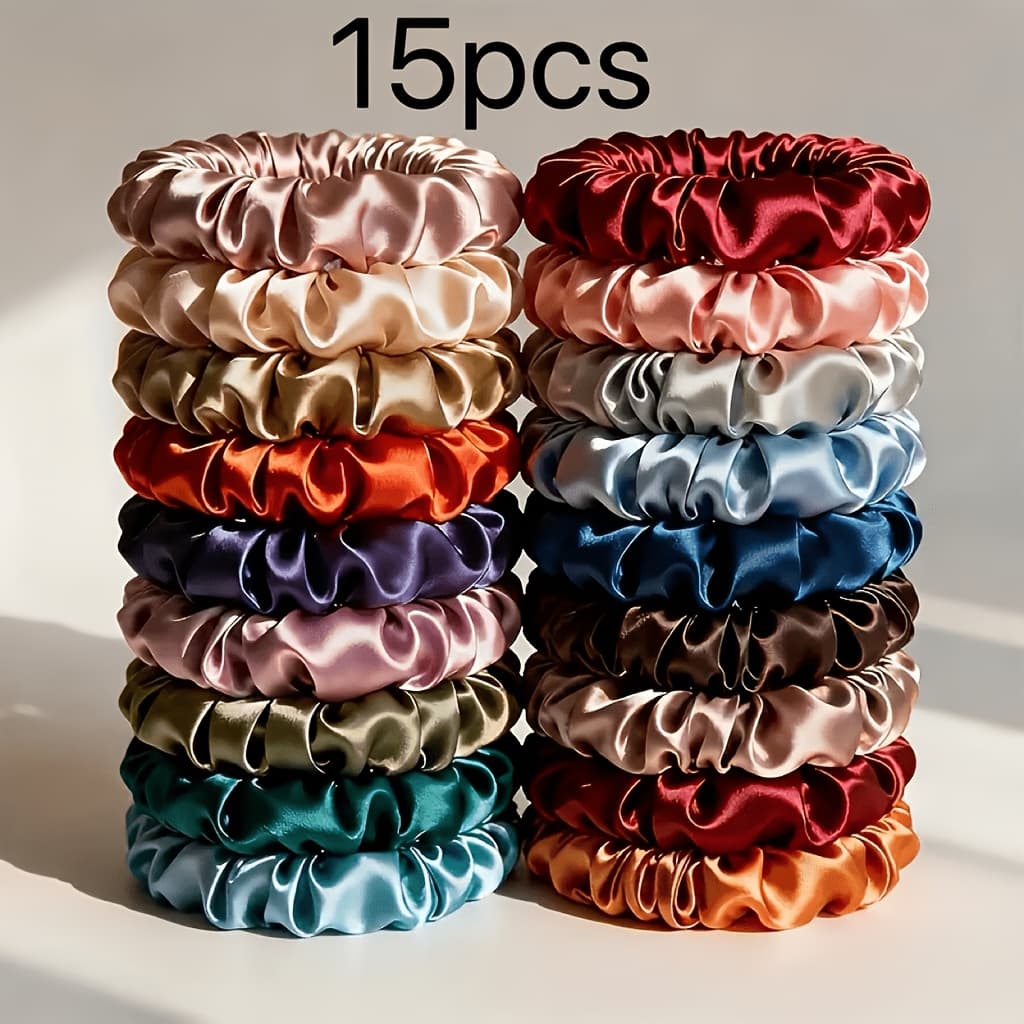 TEMU 15pcs Random Colors High- Light Luxury Satin Small Hair Ties, Versatile Bun Hair Ties, Sweet And Simple, Suitable For All Hair Accessories