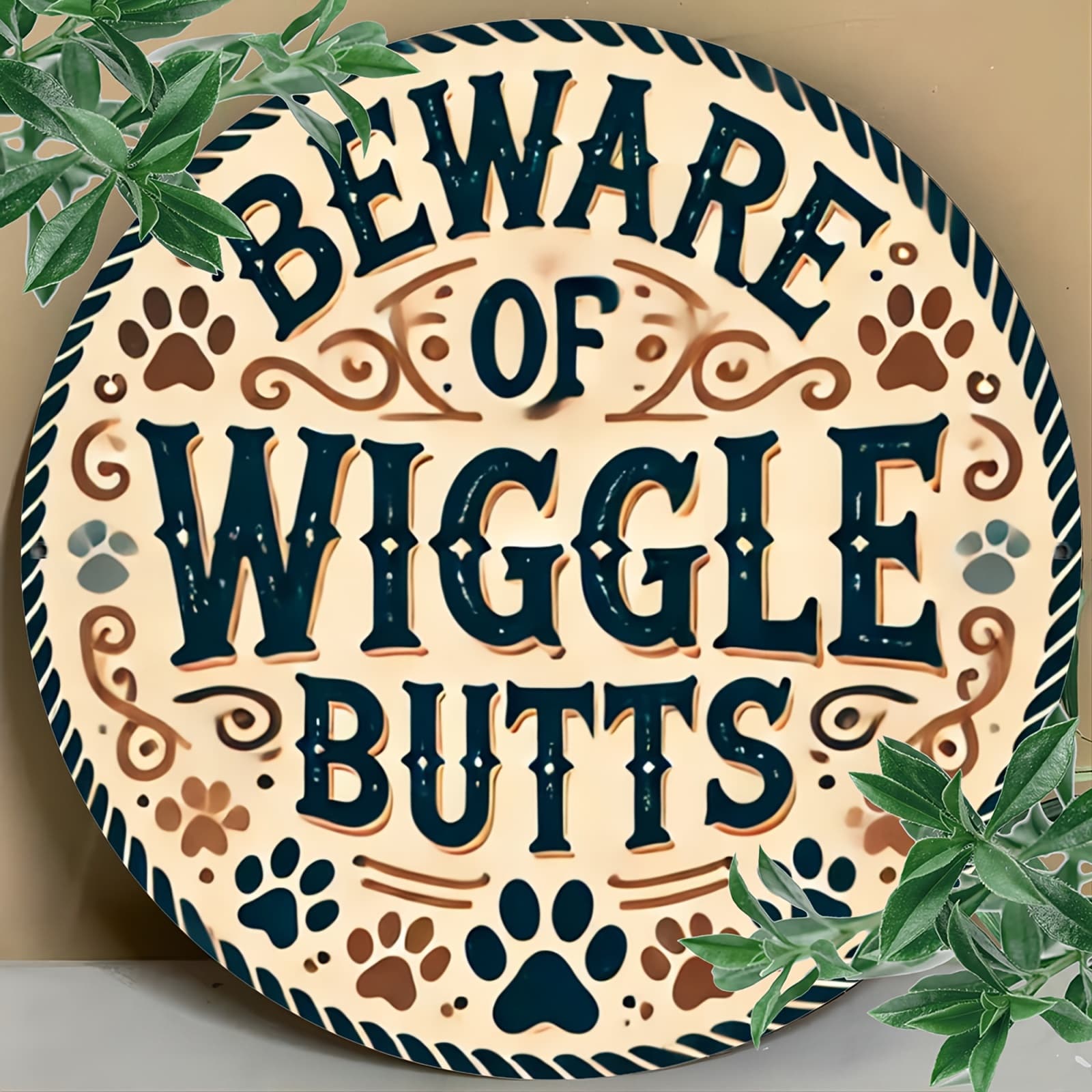 TEMU Beware Of Wiggle Butts" Vintage Metal Tin Sign - 8x8 Inch Round Wall Art With Dog & | , Durable Decor For Home, Bar, Cafe & Garage, Decor | Design | Decorative Tin Art, Dog Decor