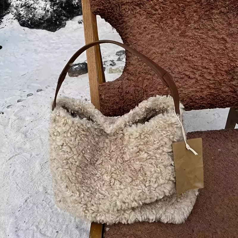 TEMU New Lambswool Tote Bag For Autumn And Winter, Relaxed Plush Shoulder Bag, Large-capacity Furry Crossbody Bag