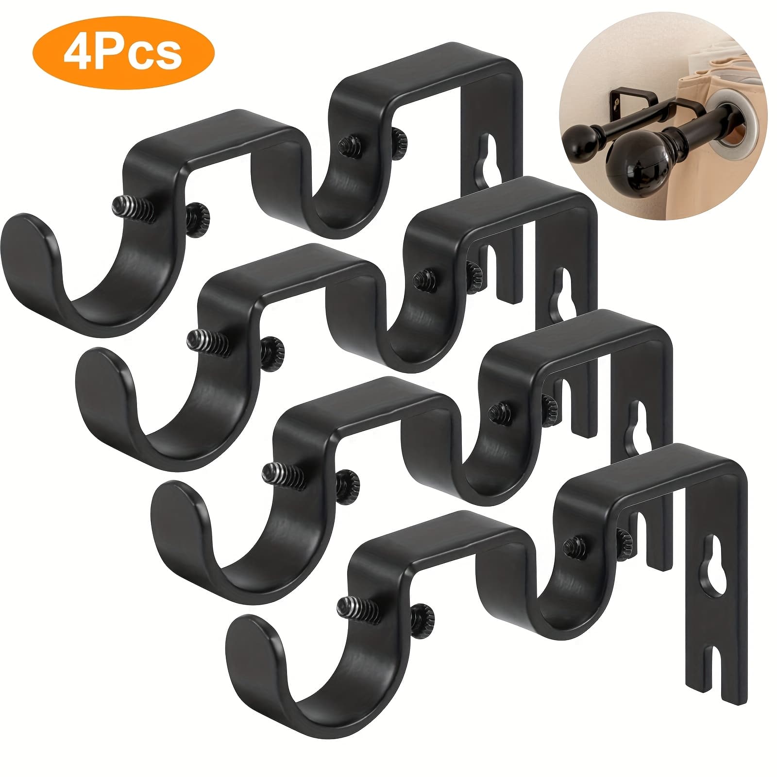 TEMU 4pcs Heavy Duty Metal Double Curtain Rod Holders With Screws - Wall Mounted Rod Brackets For Bedroom, Living Room, Office - Black Finish, Rod Holders For Wall, Curtain Rod Holders, , Construction