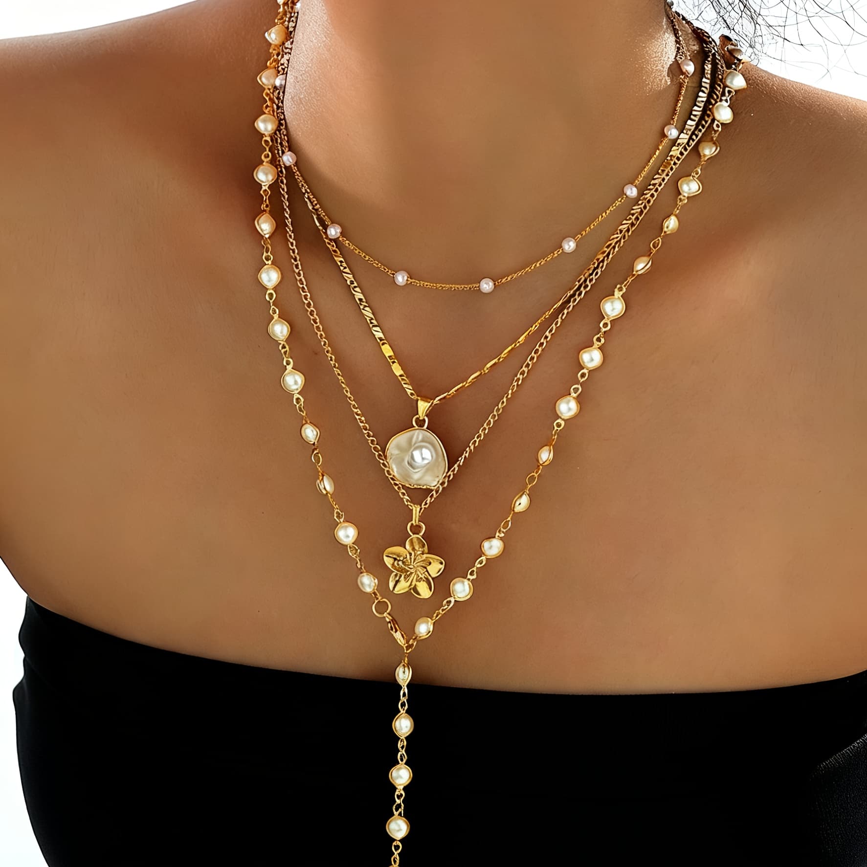 TEMU Set Of 4 Stylish Minimalist Bohemian Y-necklaces With Shell Flowers And Faux Pearls, Perfect For Vacations, Dates, Parties, Gifts, And Everyday Use