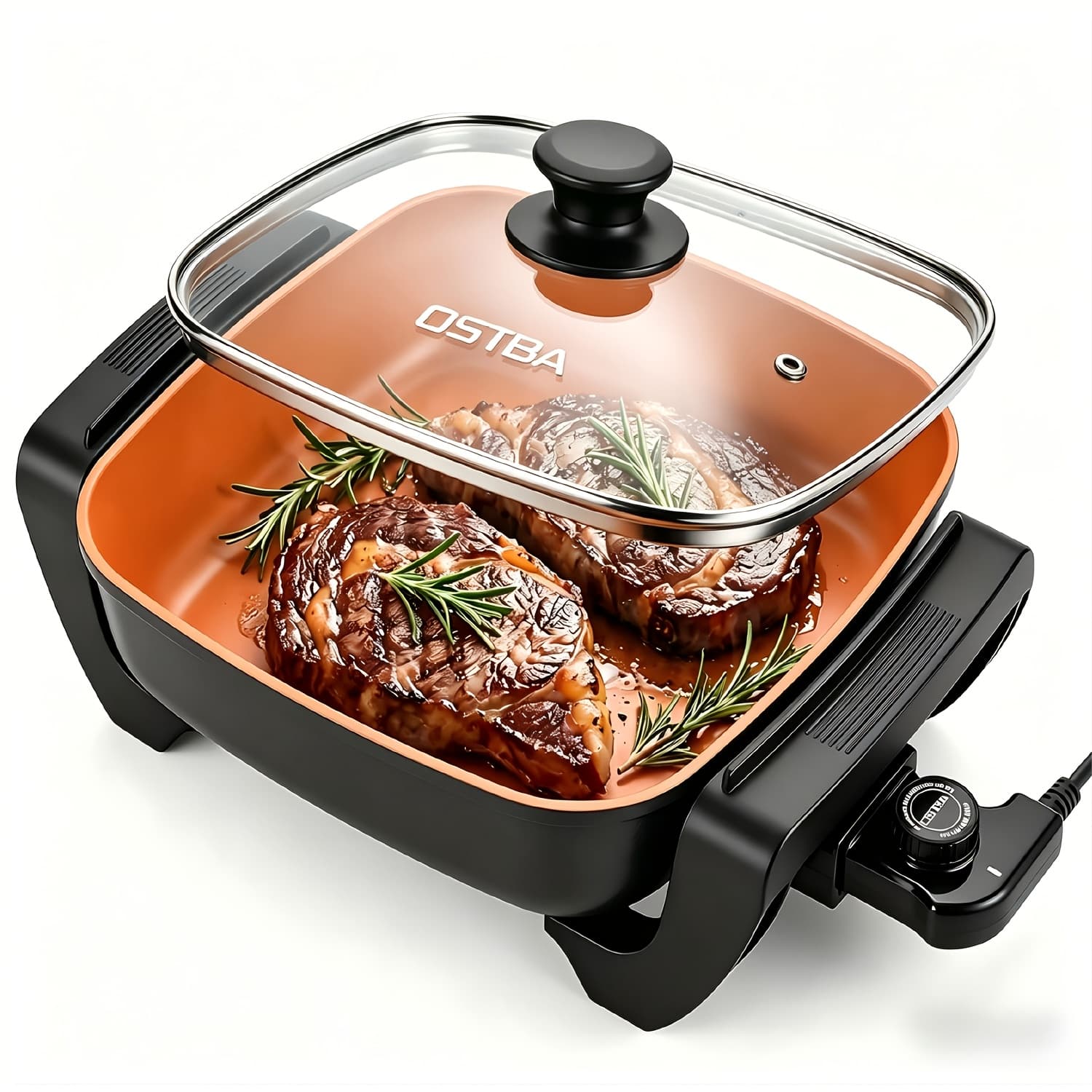 TEMU Electric And Frying Pan With Glass Lid, 12x12 Inches Copper Nonstick Electric Pan For Cooking, 1500w Power, Handles, Adjustable Temperature, Ptfe And Free