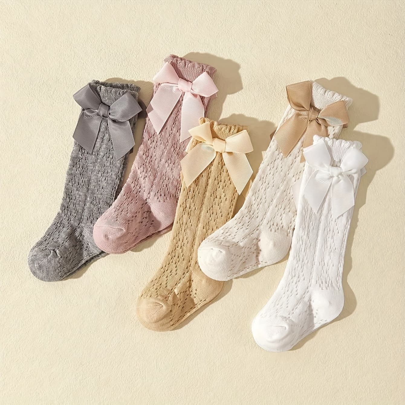 TEMU 5-pair Children's Socks, Baby Thin Mesh Breathable Bowknot Lace Cute Slouchy Calf Socks