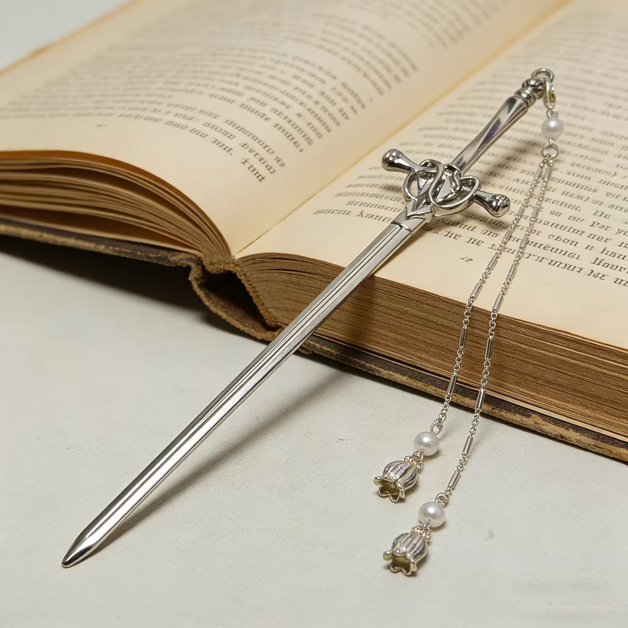 TEMU Retro Sword-shaped Metal Bookmark With Tassel Pendant - Elegant Aluminum Alloy Page Marker, Suitable For Readers And Office Use