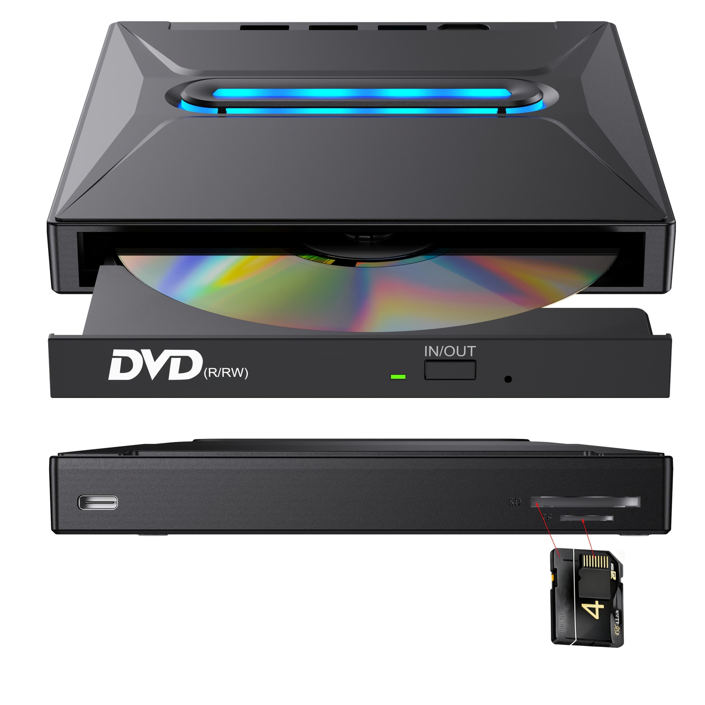 TEMU New Luminous External Cd Dvd Drive, Usb 3.0 Type-c Portable Cd/dvd +/-rw Burner With 3 Usb Ports, Tf/sd Card Reader, Compatible With Laptop Desktop Pc Windows Os