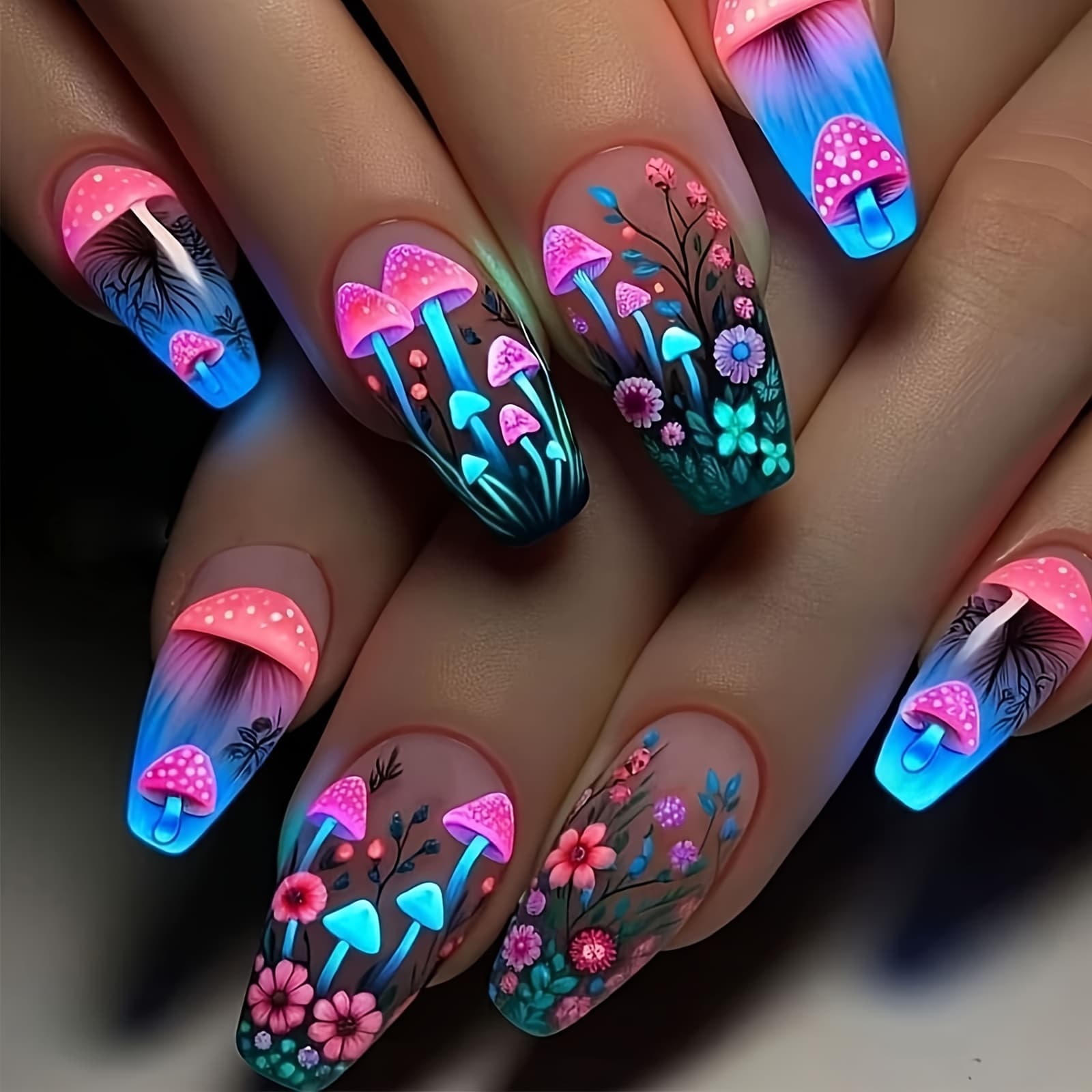 TEMU 24pcs Ballet Fake Nails Suitable For - Medium Length Press- Nail Tips With Mushroom Flower Patches, Removable Temporary Nails For Parties, Weddings, Daily Wear (no Application)