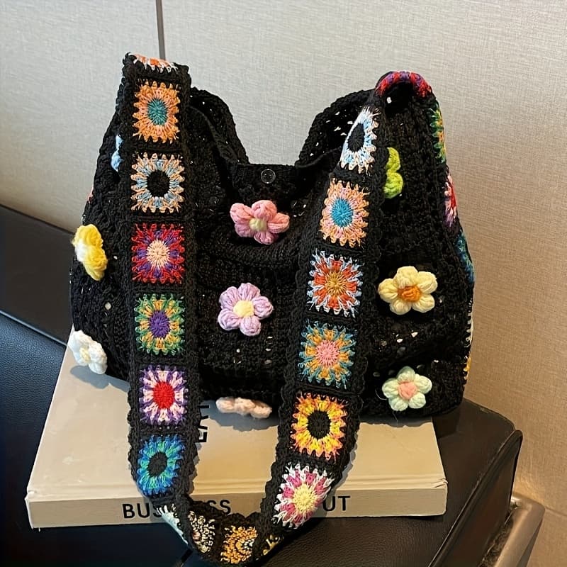 TEMU Boho Vintage Hollow Floral Color Block Messenger Bag, Mixed Fabric With Buttons, Hand Washable , Ideal Casual Fashion Accessory For Women; Bags Buttons