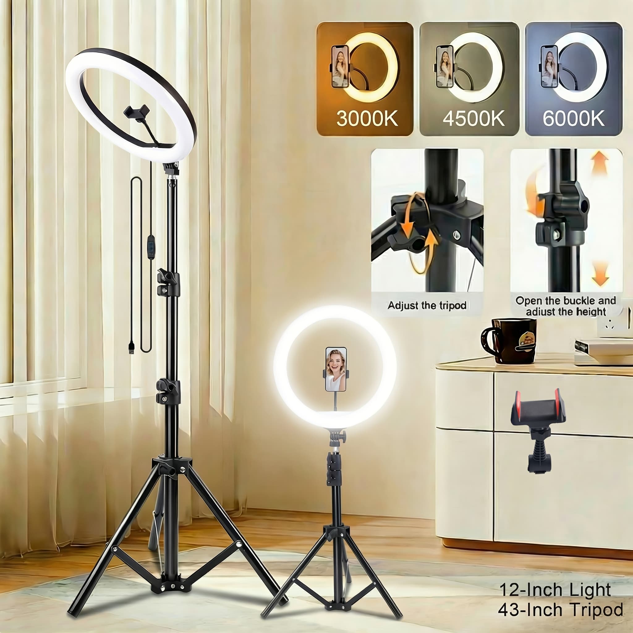 TEMU Uegogo 12'' Selfie Ring Light With 63/43-inch Tripod Stand And Phone Holder For Video Recording, Live Streaming,,compatible With Phones, Cameras And