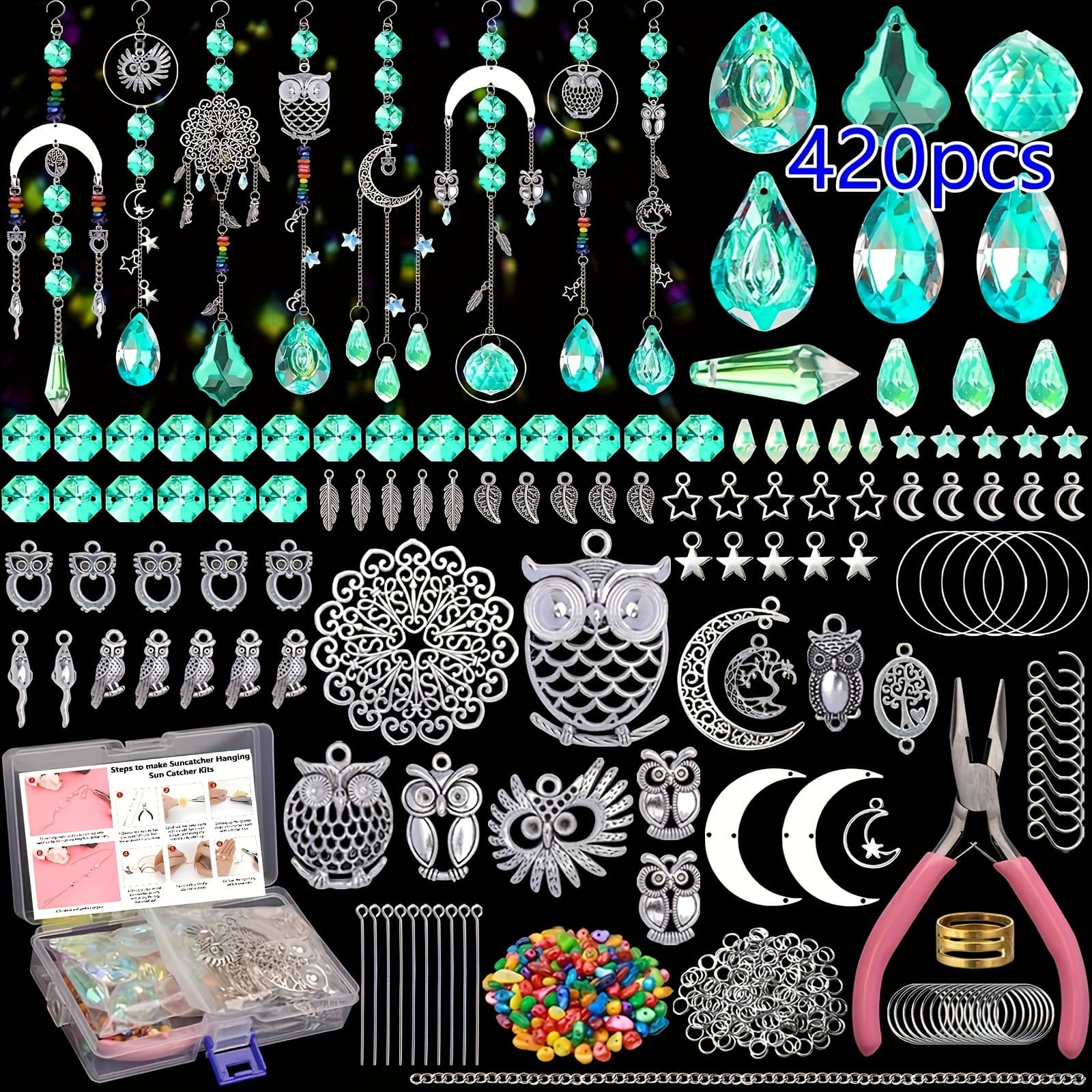 TEMU 420pcs Diy Catcher Kit For Adults - Owl & With Glass Beads, Tools Included - Perfect For Wedding & Home Decor, Indoor Window Hanging