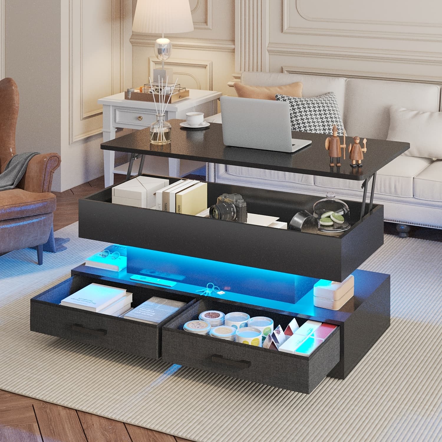 TEMU 40" Lift Top Coffee Table With 2 Fabric Drawers And Led Light, Small Coffee Table For Living Room