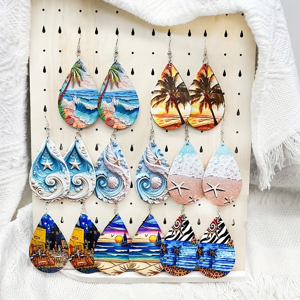 TEMU 8 Pairs, Beach Coconut Tree, Starfish Shell Element Teardrop Earrings, Wooden Pendant Vacation Accessories, Women's Earrings Gif