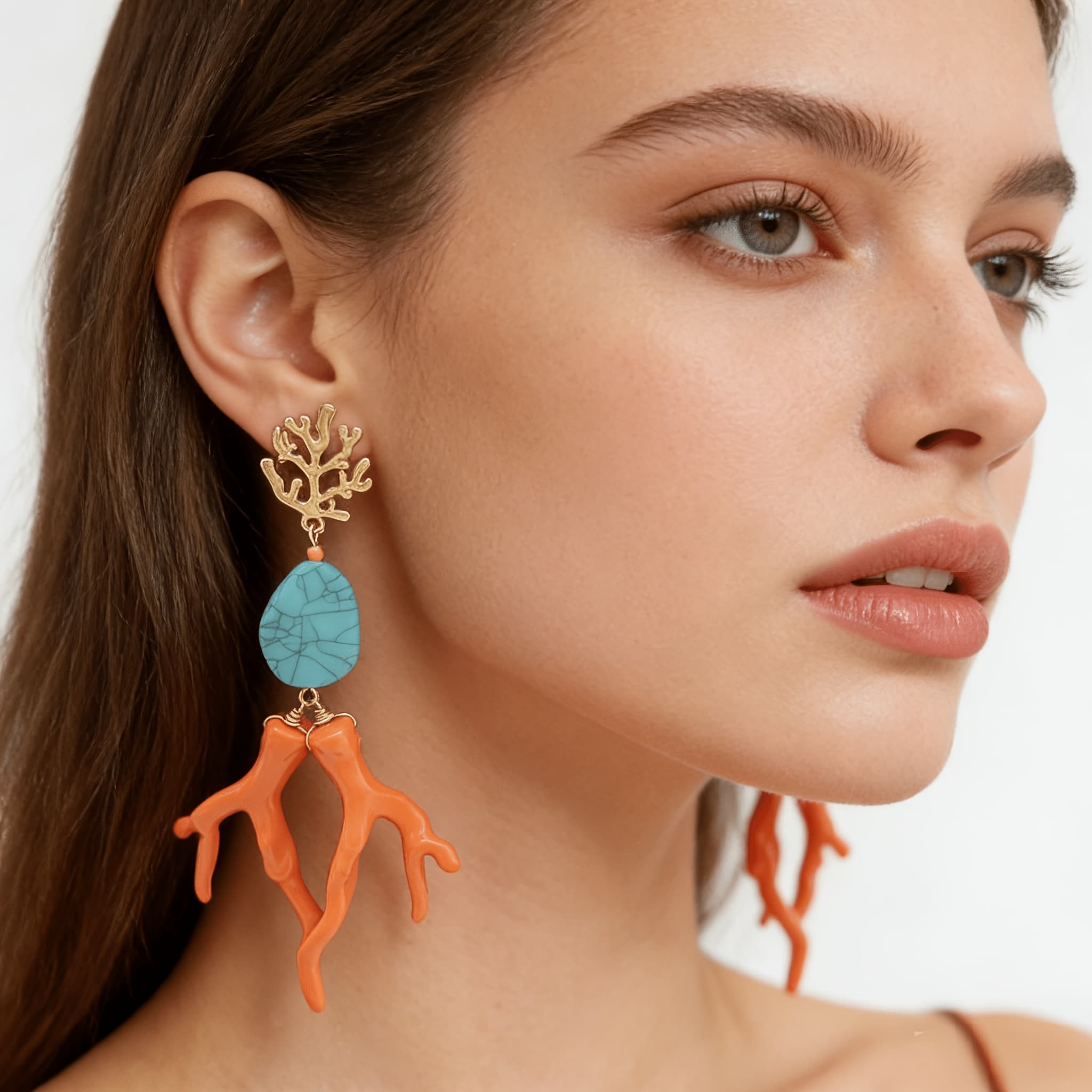 TEMU 2pcs Of Fashionable And Individual Bohemian Turquoise Geometric Acrylic Coral Pendant Ocean Casual Alloy Earrings