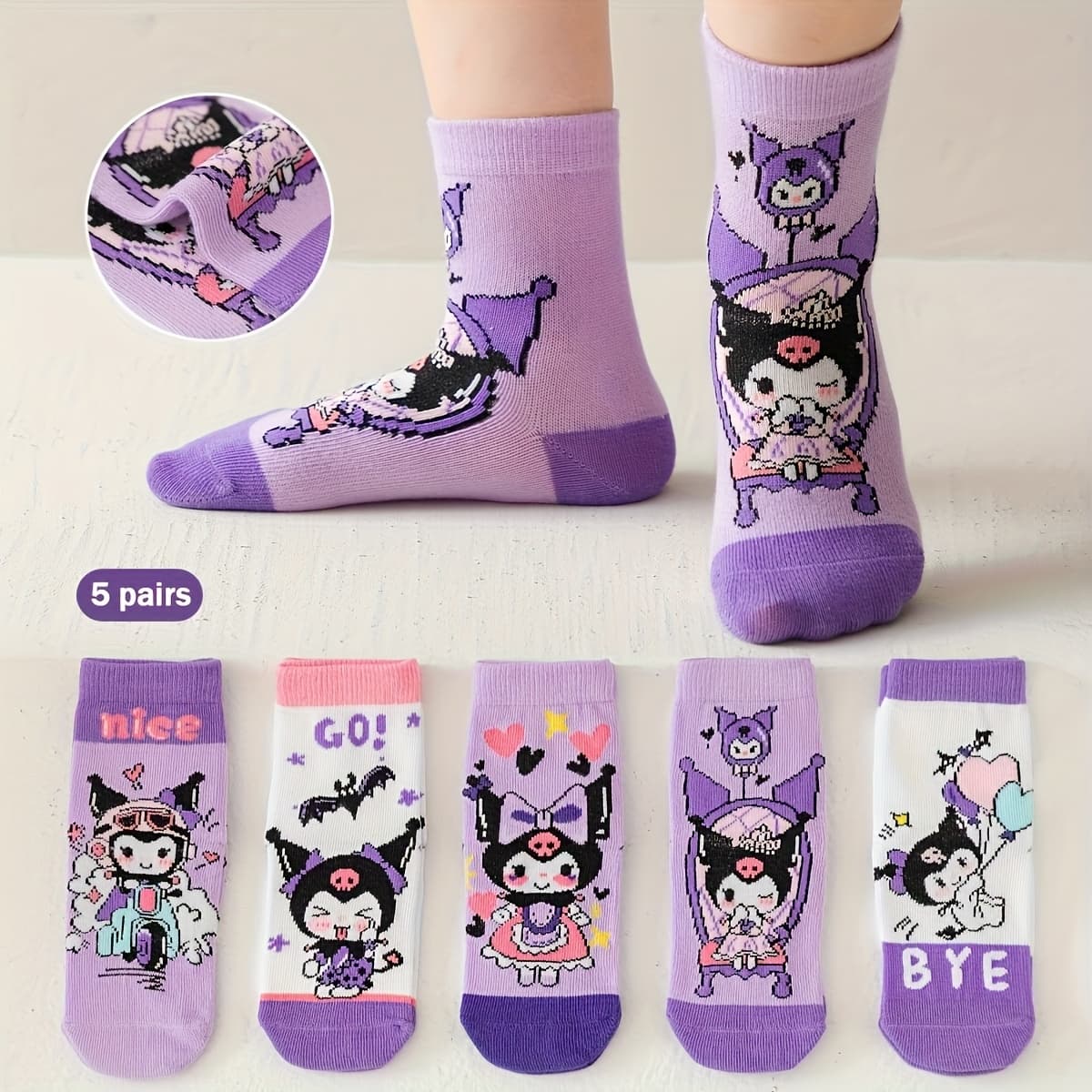 TEMU 5 Pairs Kuromi Kids Socks, Cute Purple Cartoon Girl Crew Socks, Licensed Kuromi Character Socks For Toddler & Little Girls, Soft Daily Wear Anime Style