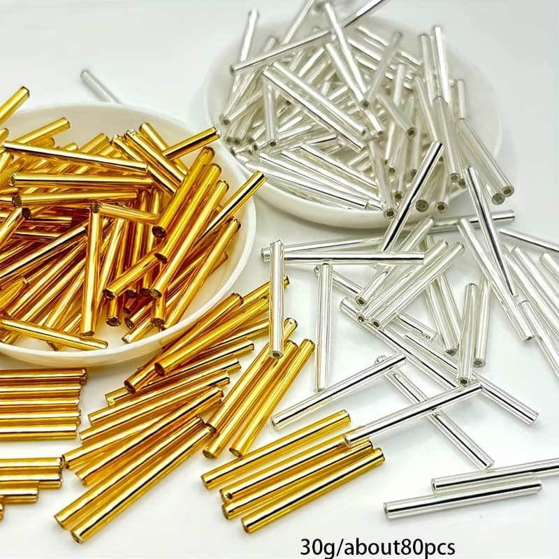 TEMU 30g/1.05 Oz Golden And Silvery Long Tube Glass Seed Beads-about 80 Stylish Spacer Beads, 3*25mm For Necklaces And Bracelets, Jewelry Making Materials