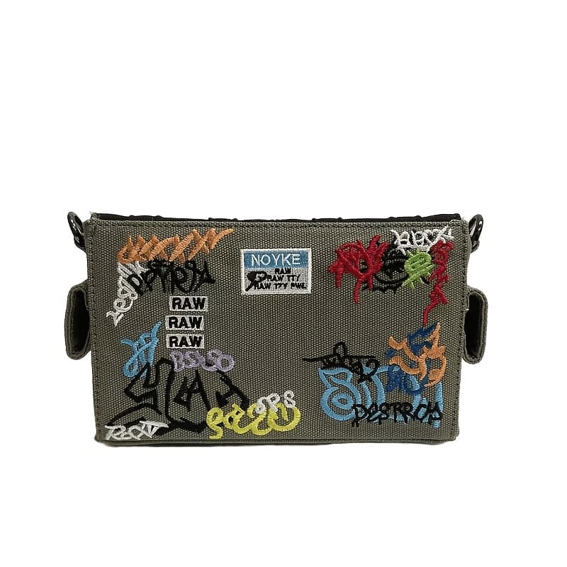 TEMU Canvas Embroidered Shoulder Bag In Graffiti Style, Military Green Crossbody Bag, Multifunctional Storage Bag