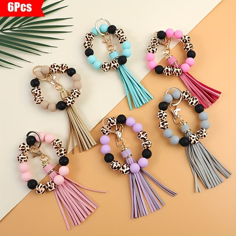 TEMU 6pcs/set Leopard Print Mixed Wooden Bead Wrist Key Ring For Mom, Friend, Gift