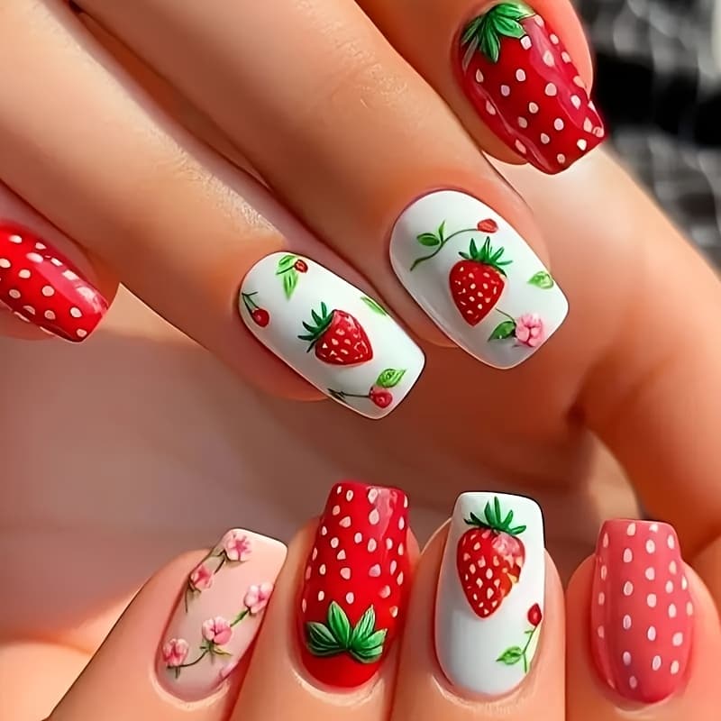TEMU 24pcs Of Stylish Nail Stickers Featuring Short With Cute Strawberries, Leaves, And Small Flowers, Perfect For . Removable Fake Nails Come With Jelly Glue And A Nail File