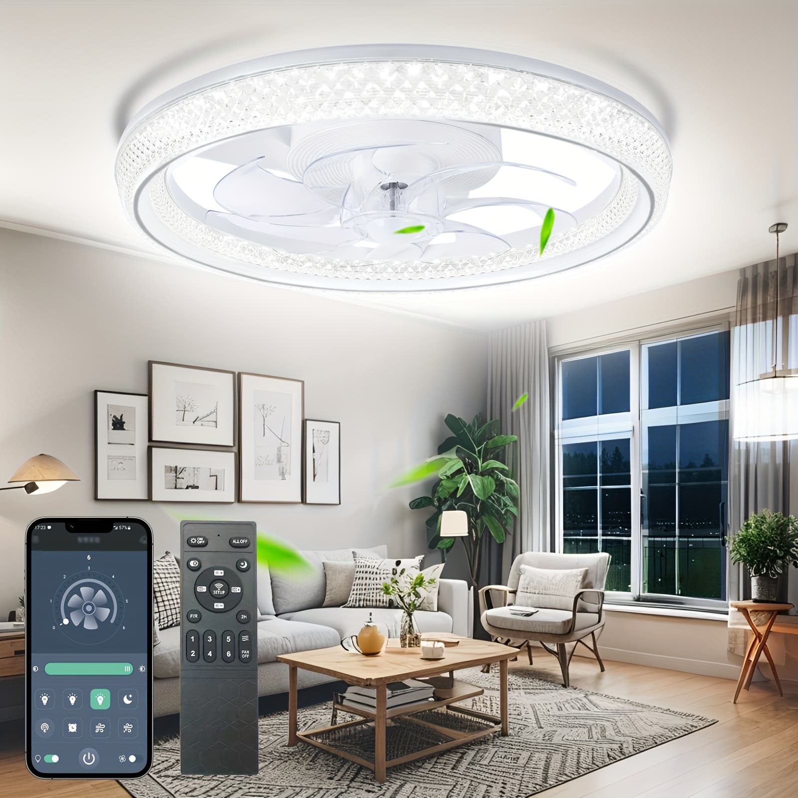 TEMU [new Arrival] 20" Ceiling Fans With Lights - Led Ceiling Fan With App And Remote Control, 3000k-6500k, Flush Mount, Dimmable, 6 Adjustable , , , Ideal For Bedroom, Kitchen, Living Room