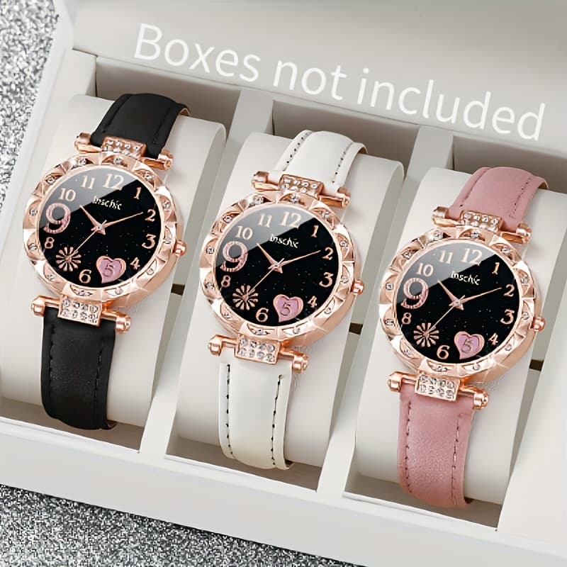 TEMU 3pcs Heart Dial Quartz Watch, Casual Pu Leather Band Women Wristwatches, Fashion Accessory, Everyday Watch, Dial, Elegant Design, Lightweight Watch, Durable Strap, Women's Watch, Accessory Lovers