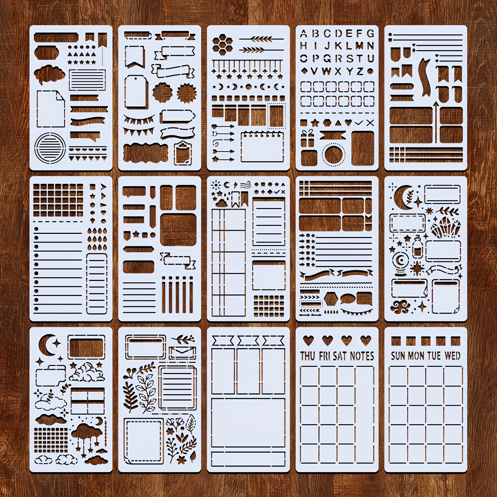 TEMU 15pcs Diary Stencil Set, 4x7 Inches (10.16x17.8cm), Reusable Washable Plastic Stencils For Diy Crafts, Fabric, Wall, And Journal Decoration