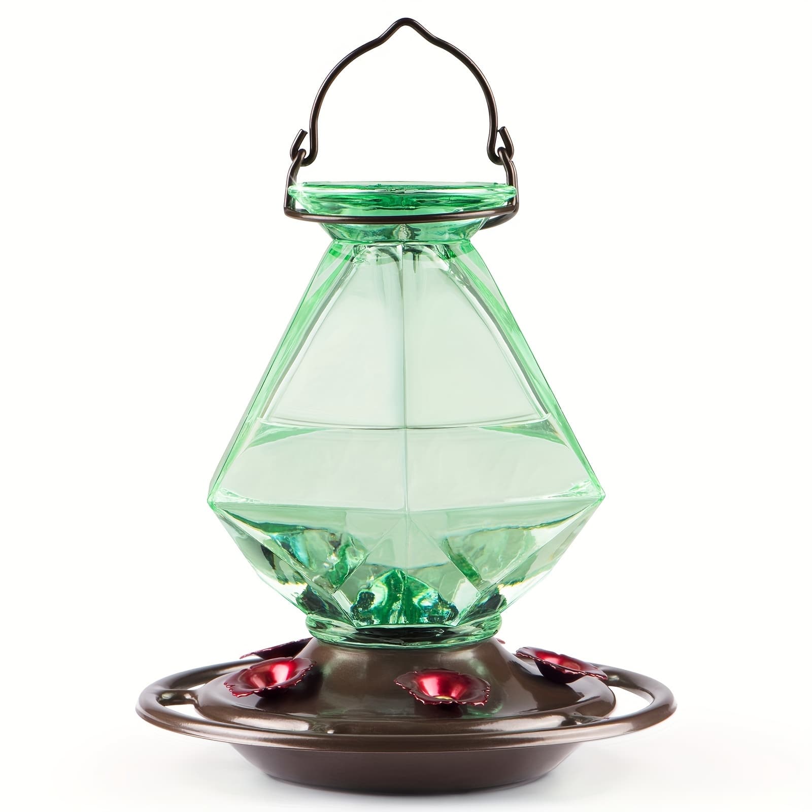 TEMU Hummingbird Feeder, Green Glass Hummingbird Feeders For Outdoors Hanging, 5 Simulation Flowers Feeding Ports, 23 Ounces, Rustproof, Leakproof, Geometric Line Shapes