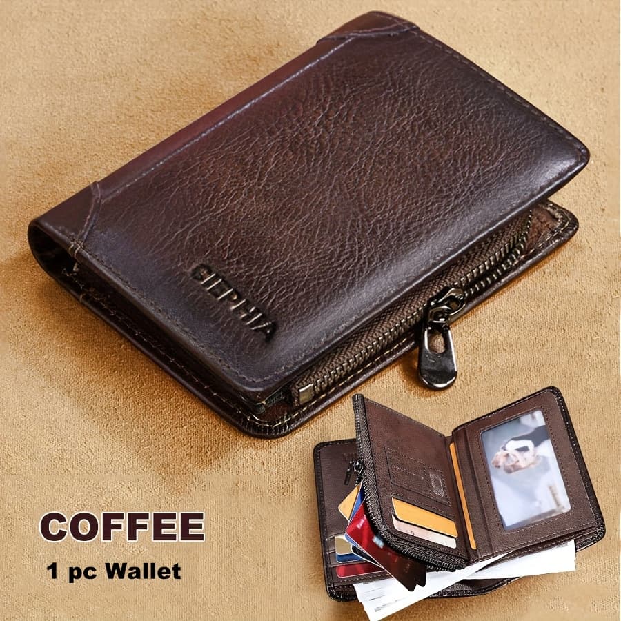TEMU Men's Vintage Short Genuine Leather Wallet Multi Function Purse Rfid Blocking Zipper Id Credit Card Holder Valentine's Day Gifts For Men
