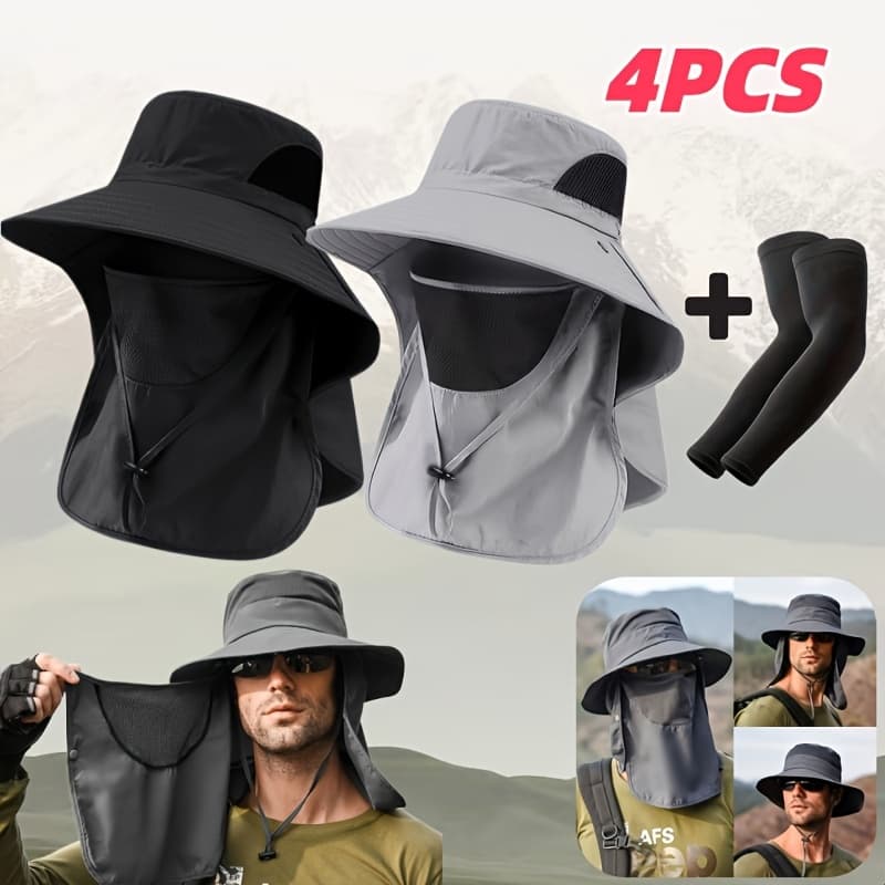 TEMU 4pcs Unisex Outdoor Sun Hat Set, Bucket Hat, Fisherman Hat, Adjustable, Breathable Mesh, With Detachable Mask, Suitable For Fishing, Hiking, Travel, Camping
